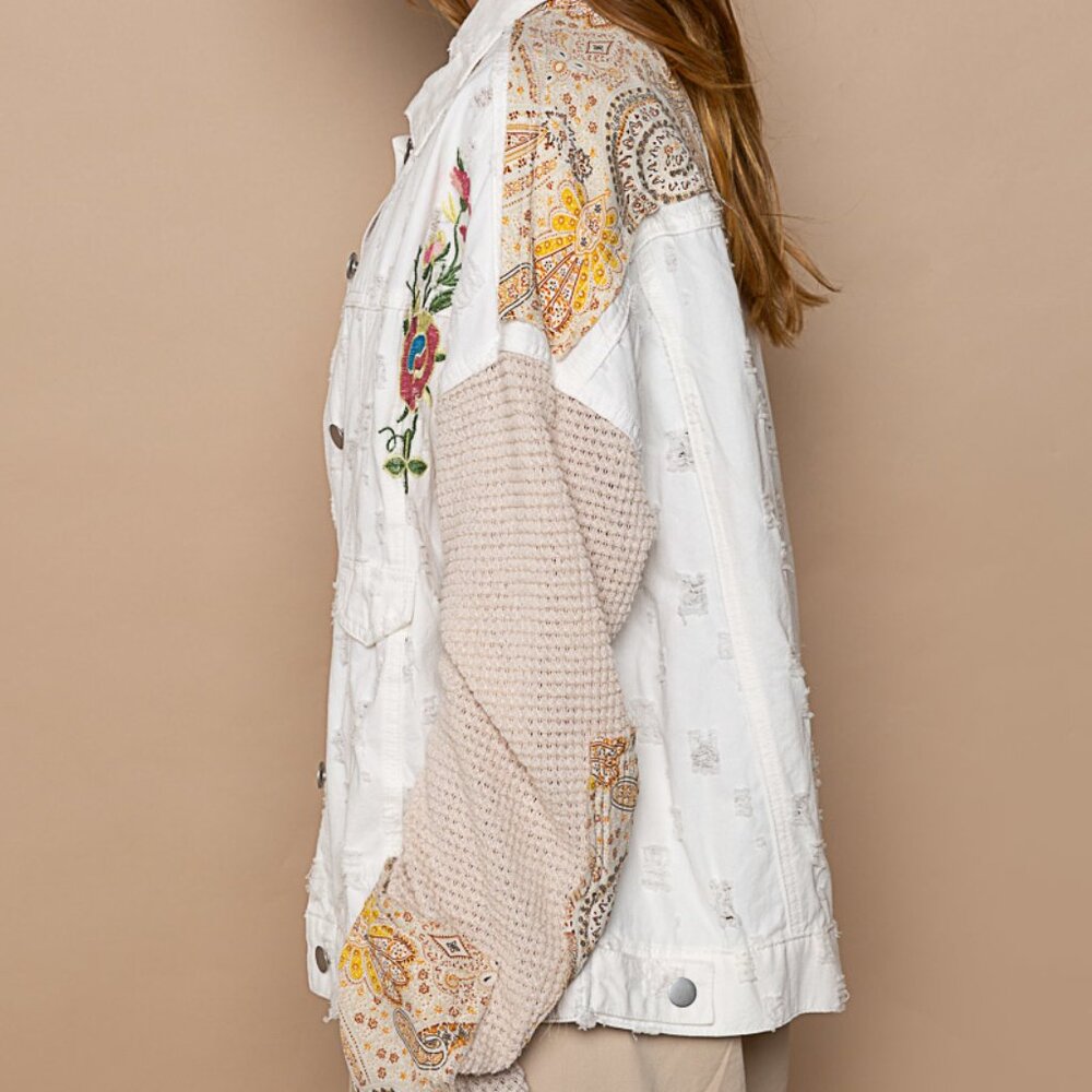 POL White Thermal Sleeve Paisley Patch Button Down Shacket Jacket - Picture 5 of 9